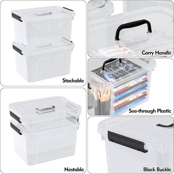 EudokkyNA 10 Liters Clear Boxes with Handles, Plastic Small Storage Tote Bins Set of 6