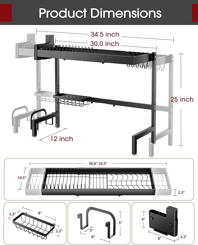 Over The Sink Dish Drying Rack, Expandable 2-Tier Stainless Steel Kitchen Storage Organization Accessories for Countertop, Rustproof & Space-Saving, 30"–34.5" L x 12" W x 25" H, Black
