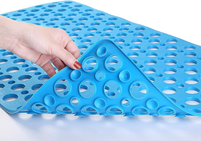 Nonslip Bathtub Mat Extra Soft TPE Bath Mat for Kids, Machine Washable Bathroom Shower Mat, Smooth/Non-Textured Tubs Only, 30L x 17W Inch (Lake Blue)