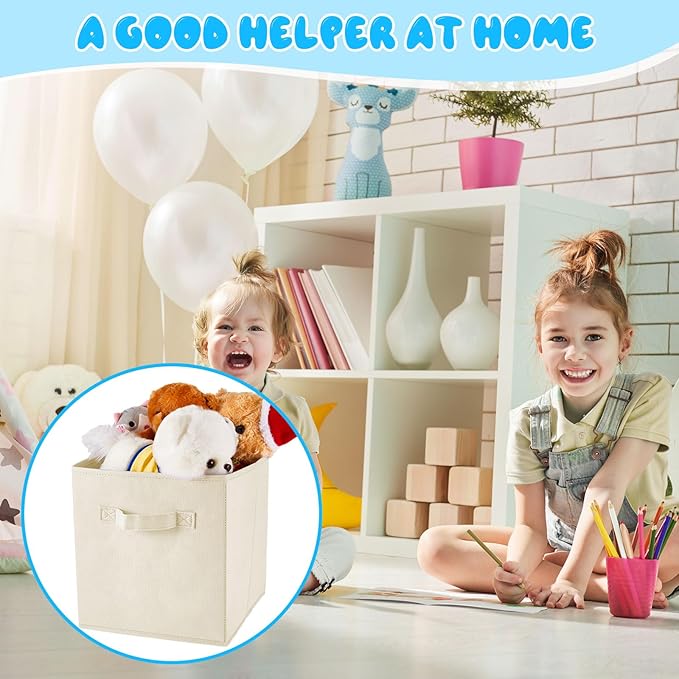 Yinder 12 Pcs Cube Storage Bin White 11'' Storage Bins for Playroom Decor Colorful Bins for Kids Foldable Baskets for Nursery Organizer Boxes Fabric Boxes