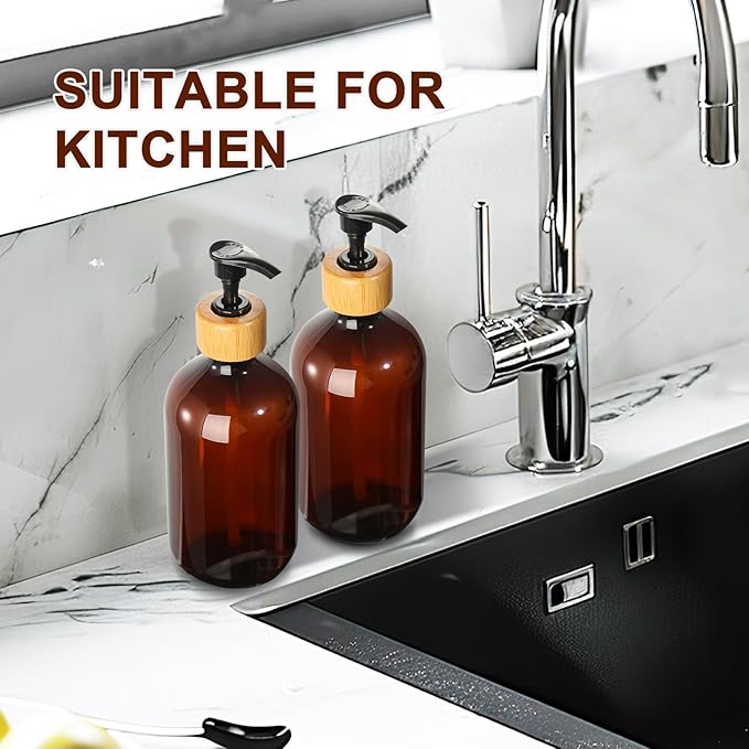 Amber Soap Dispenser Plastic, Brown Dish Soap Dispenser with Bamboo Pump for Kitchen,17 Fl Oz Hand and Dish Dispenser Set for Bathroom, Farmhouse Liquid Soap and Lotion Dispensers Bottle