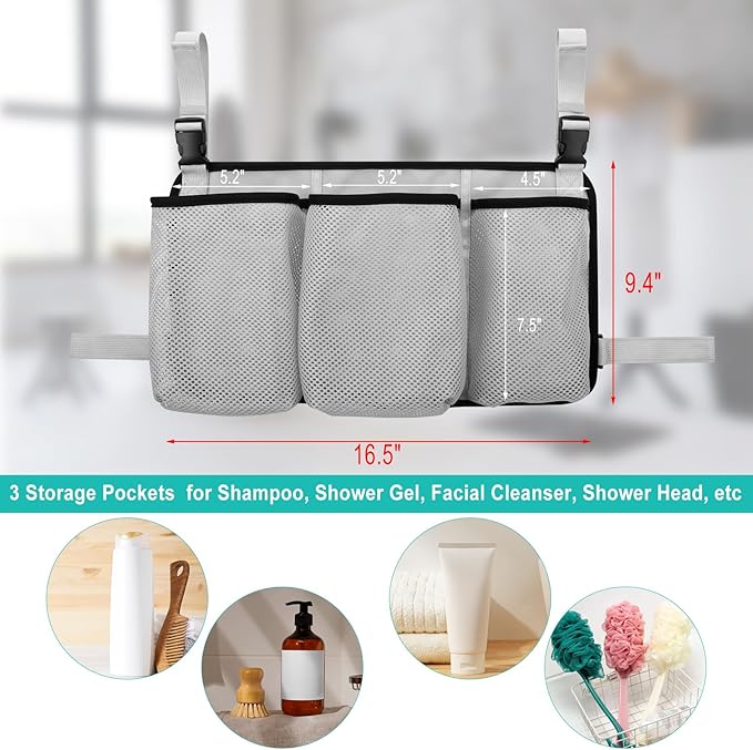 Beautyflier Removable Hanging Bag for Shower Chair, Commode Chair Side Storage Bag, Armrest Chair Side Organizer, 3 Storage Pockets for Shampoo, Shower Gel, Facial Cleanser, Bag Only (Gray)