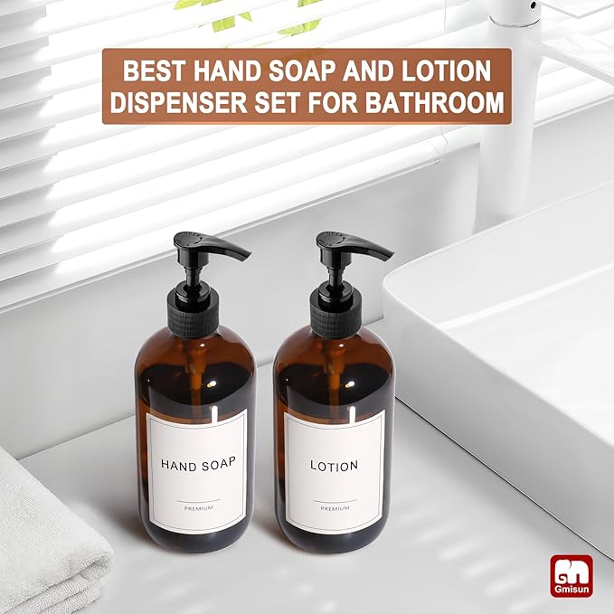 GMISUN Amber Glass Soap Dispenser, 2 Pack Bathroom Hand Soap Dispensers with Plastic Pump, 17 Fl Oz Kitchen Hand and Dish Soap Dispenser Set, Modern Vintage Liquid Brown Soap Dispensers Bottle