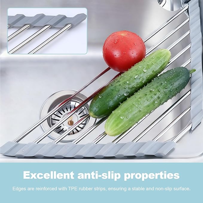 Triangle Dish Drying Rack, Sink Caddy for Top of Sink Rack, Stainless Steel Roll-Up Over The Sink Drainer, Foldable Sponge Holder for Kitchen Sink Organizer, Non-Slip Silicone, Space-Saving