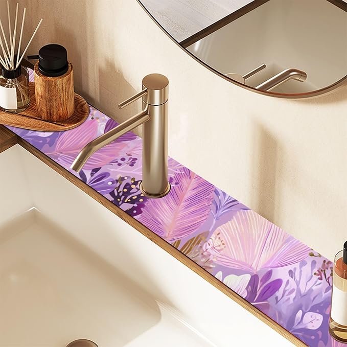 Kitchen Sink Splash Guard 1 PC 14.7 Inch Sink Faucet Mat Splash Guard for Bathroom Countertop Water Absorbent Foldable Cuttable Soft Washable Boho Pink Leaf