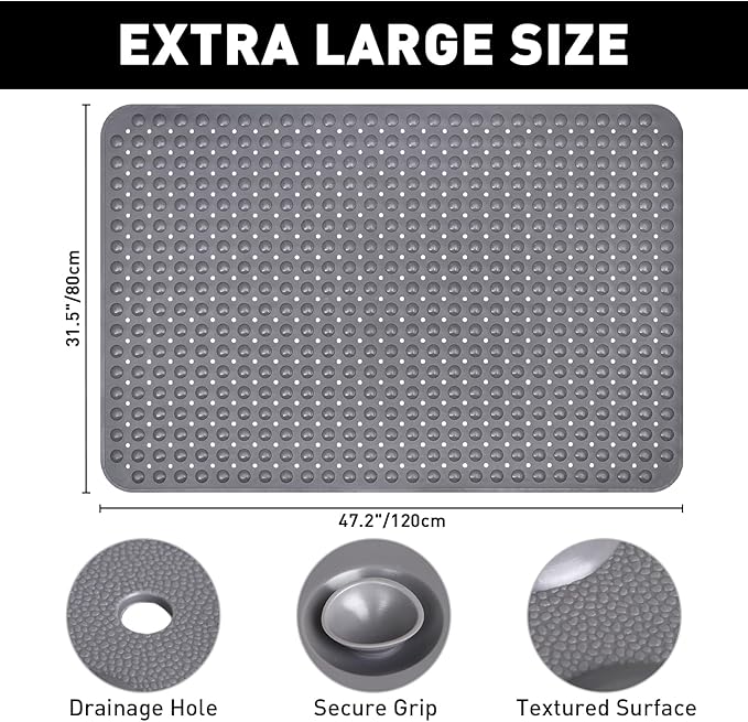 Mofonky Shower Mat Non Slip: 47.2 x 31.5 Inch Extra Large TPE Shower Mats for Inside Shower - Anti Slip Shower Stall Matt with Drain Hole and Suction Cups for Elderly