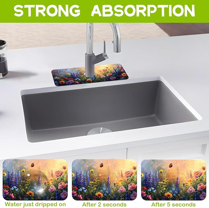 Kitchen Sink Splash Flowers Bees in the Garden Guard Faucet Mat Super Absorbent Fast Drying Mat Guard Behind Faucet Drip Catcher for Kitchen Bathroom, 15.5"X5.5"