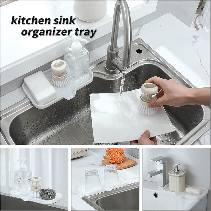 MicoYang Silicone Bathroom Soap Dishes with Drain Spout-Bathroom and Kitchen Sink Organizer,Sponge Holder,Dish Soap Tray,Perfect for Dispenser,Scrubber,Bottle,Cup on Sink or Counter-White 9.6"×5.3"