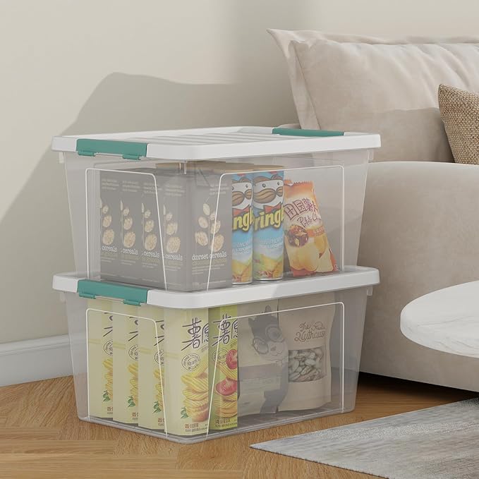Tyminin 35 Quart Plastic Stackable Storage Container Tote with Secure Latching Lid for Home and Office Organization, Clear Box with White Lid (Pack of 6)