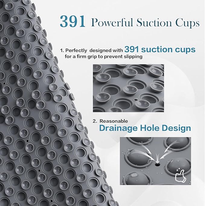 Joiyota Silicone Push Pop Bath Mat with 391 Suction Cups,33x17.3 Inch Non-Slip Tub Mat for Adults, Superior to Foldable Mats for Safety & Stability with Drain Holes, Gray Thickend Soft Shower Mat