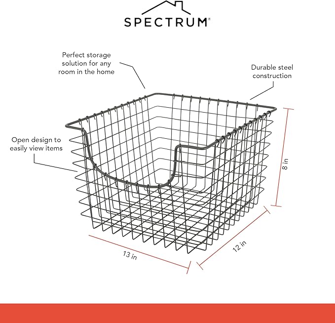 Spectrum Wire-Basket for Organizing (Medium, Industrial Gray) - Sturdy Scoop Pantry Basket Storage - Wire Storage Basket Organizer for Kitchen, Shelf, Closet, Bathroom, Garage & More (Pack of 6)