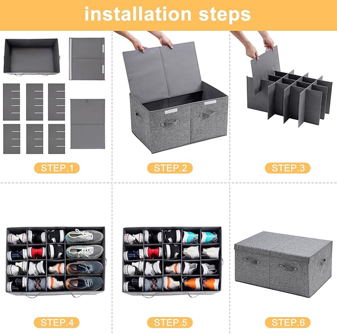 Shoe Storage Organizer for Closet Fits 20 Pairs, Large Shoe Storage Box Bins Containers with Lid and Adjustable Dividers for Shoes, Sneakers and High Heeled, Hard Shell and Stackable (Grey)