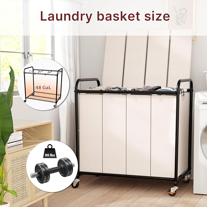 4-Compartment Laundry Cart with Lockable Wheels & Lid 180L Large Wheeled Laundry Basket Heavy-Duty Sorting Organizer for Laundry Room (White)