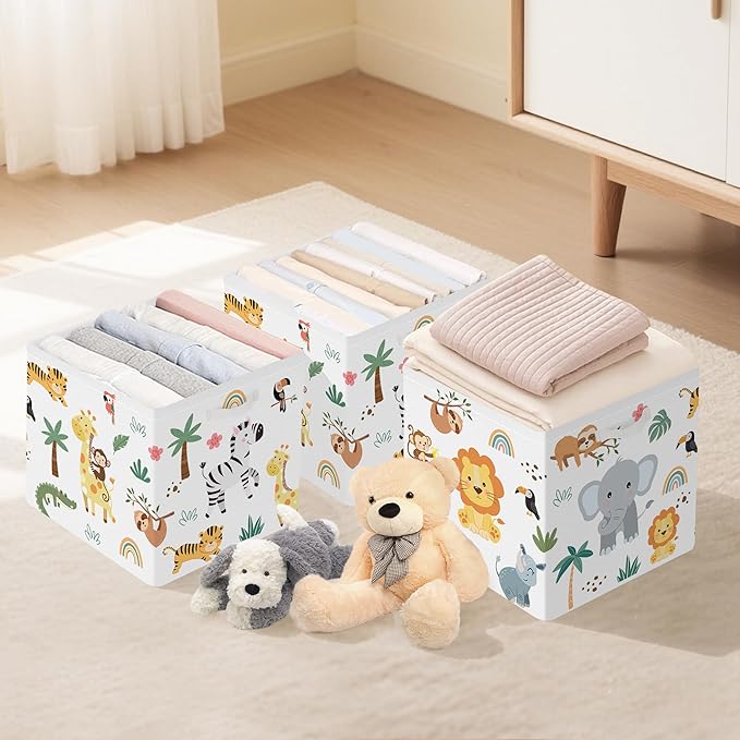 Clastyle Jungle Animal Storage Cube Organizer Set Tree Closet Clothes Cube with Metal Frame Foldable Parents Organizer Storage Basket for Book Toy,White,11.8x11.8x11.8 in