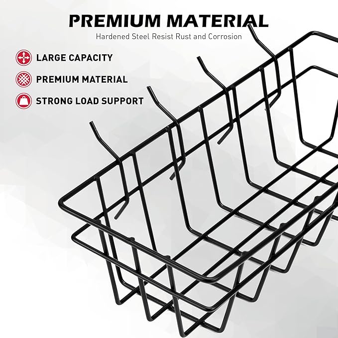 5-Piece Pegboard Baskets Set - Heavy Duty Peg Board Organizer Accessories Bin Set, Premium Black Metal Wire Baskets Tool Shelves, Wall Mount Storage for Garage Workshop Craft Room