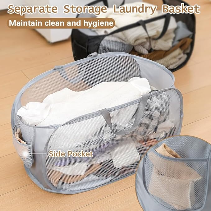 4Pcs Pop Up Laundry Hamper, FHDUSRYO Mesh Foldable Hamper with 4 Wash Bags, Collapsible Laundry Basket with Side Pocket Carry Handles, Portable Dirty Clothes Basket, Mesh Hamper for Dorm Bedroom