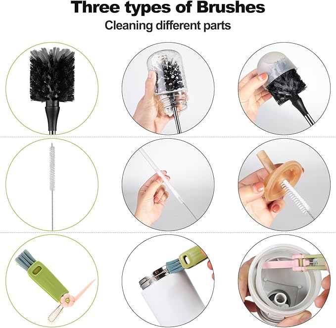 [2 Pack] Bottle Brush, 15 Inches Stainless Steel Long Handle Baby Bottle Scrub Cleaning Brushes with Straw & Lid Brushes for Sports Water Bottle, Cups, Coffee Mugs, Glasswares