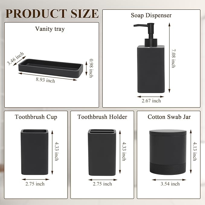 Bathroom Accessories Set, 6 Piece Bathroom Set with Toothbrush Holders, Soap Dispenser, Vanity Tray, Tumbler, Cotton Swab Jars, Bathroom Organizer，Bathroom Sink Sets, Matte Black