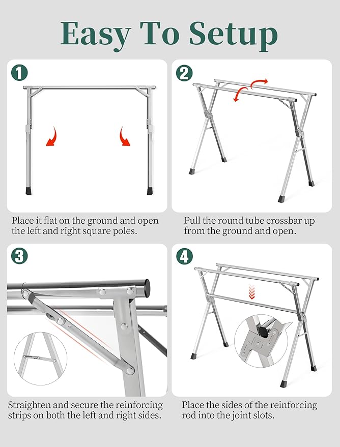 Lrjyxq 95 Inches Heavy - Duty Stainless Steel Folding Clothes Drying Rack Clothing Indoor Outdoor Anti-Rust 20 Windproof Hooks Portable & Foldable Laundry Rack (95'')