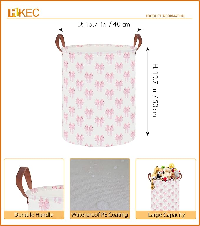 19.7" Laundry Basket,Dirty Clothes Hamper,Waterproof Storage Bin,Room Decor,Gift Baskets,Nursery Hamper(Shimmer Bowknot)