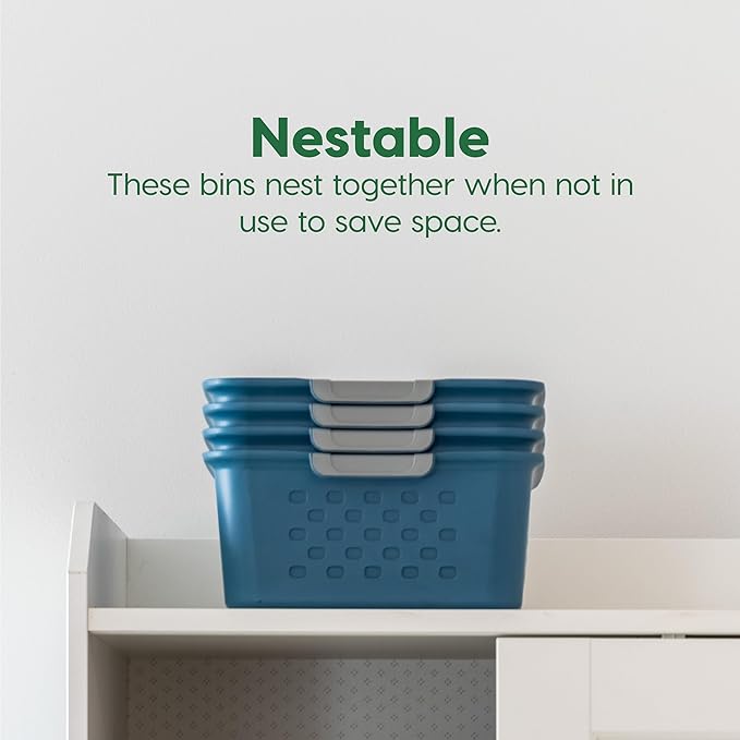 IRIS USA Plastic Storage Basket, 12-Pack, Small, Shelf Basket Storage Organizer for Pantry, Cabinet, Bedroom, Closet, Laundry Room, Eco-Friendly, Navy