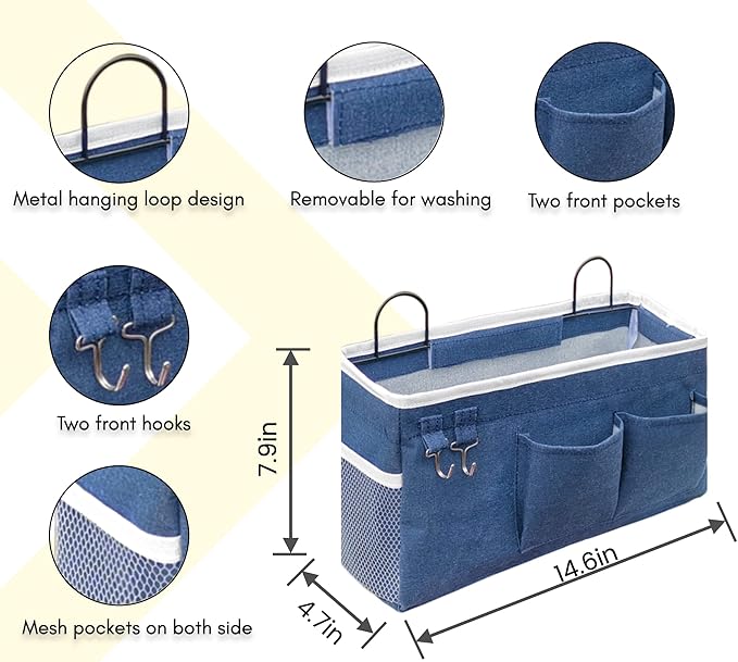 Kanrichu 2pcs Large Wall Hanging Organizer Bag, Linen Fabric Door Hanging Storage Baskets with Pockets, Waterproof Bin for Kitchen, Bedroom, Office, RV Camper (Blue)