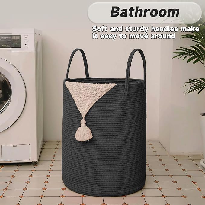 Large Woven Laundry Basket Hamper,80L Cotton Rope Storage Bin for Blankets,Toys and Clothes,Decorative Tall Nursery Hamper for Living Room,Baby Nursery,Bathroom and Bedroom,Black