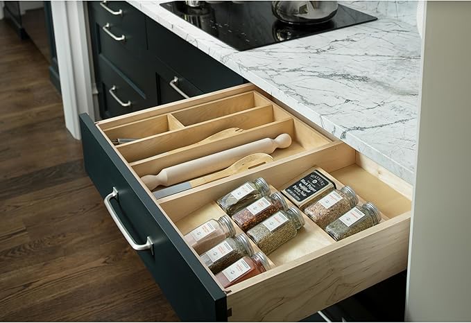 Rev-A-Shelf 3-Tier Wood Trim-to-Fit Spice Rack Drawer Insert, 16" x 19.75", Maple - Drop-In Seasoning Jars Storage Tray Organizer for Kitchen Cabinet and Pantry Organization, 4SDI-18
