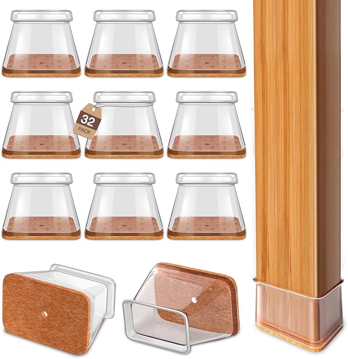 Chair Leg Floor Protectors Rectangle Chair Leg Protectors for Hardwood Floors Silicone Caps Felt Furniture Pads Covers Anti-Scratch Reduce Noise 32 Pack Clear Fit:L 1.12"-1.5",W 0.75"-1"