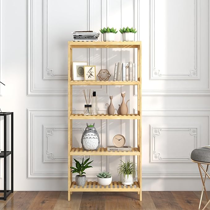 Bamboo Shelf,Bamboo Shelf Stand Utility Storage Shelf Multifunctional Bathroom Kitchen Living Room Holder Plant Flower Stand (5-Tier)