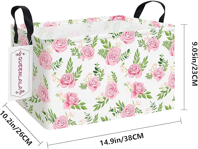 QUEENLALA Rectangular Laundry Hamper/Foldable Nursery Laundry Basket for Organizing/Storage Bin Baskets/Children Toy Office Bedroom/Toy Bin Closet Shelf Baskets (Rec-Pink roses)