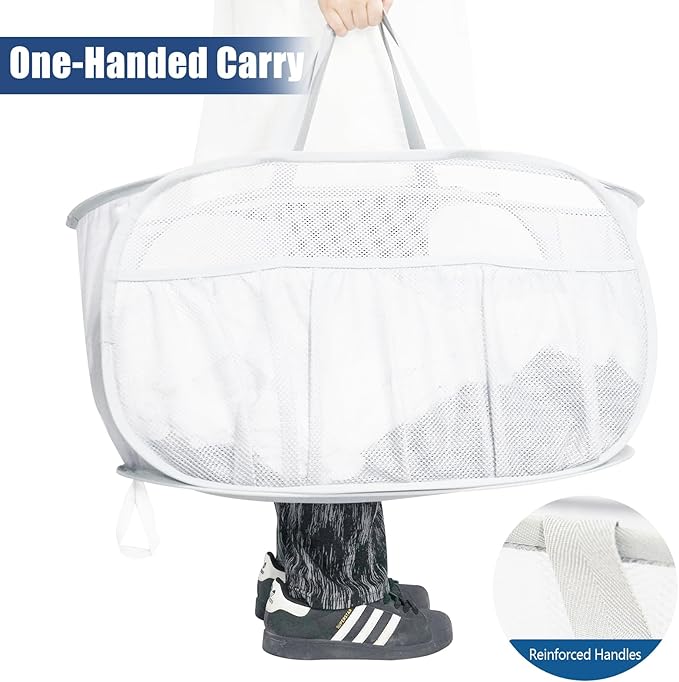Collapsible Laundry Baskets, Upgrade Pop Up Laundry Hamper with Convenient Bags, Foldable Laundry Basket Mesh Light Weight, Easy to Carry Clothes Hampers for Laundry, Dorm, Toys, Travel White