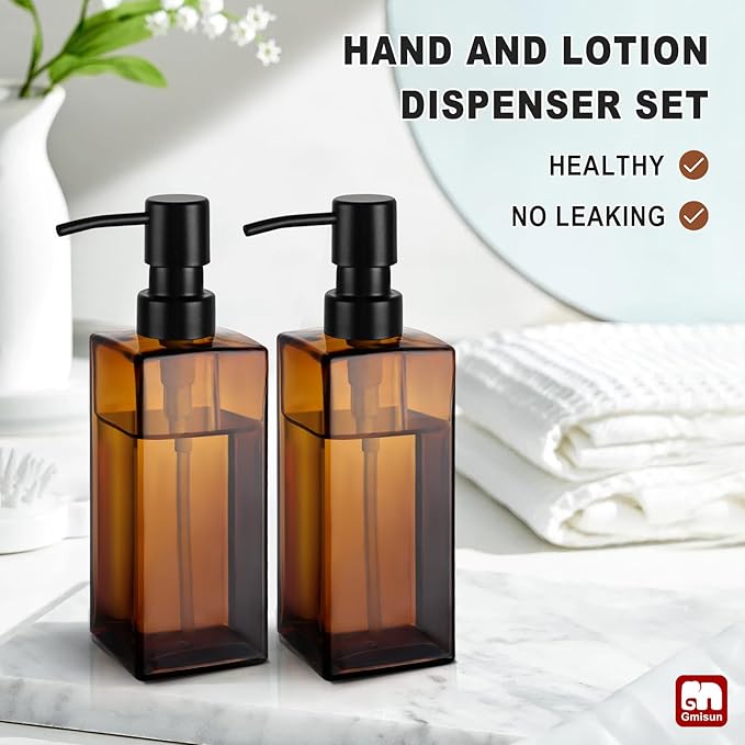 GMISUN Amber Glass Soap Dispenser, Hand Soap Dispenser with Stainless Steel Pump for Bathroom, 12 fl oz/350ml Refillable Dish Dispensers for Kitchen, Modern Liquid Lotion Bottles for Countertop