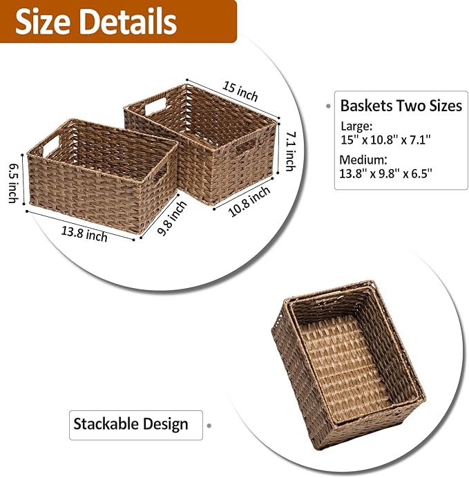Wicker Baskets 2 Pack, Wicker Storage Basket with Handles, Waterproof Woven Baskets for Organizing, Large Storage Basket 15" and Medium 14", Brown