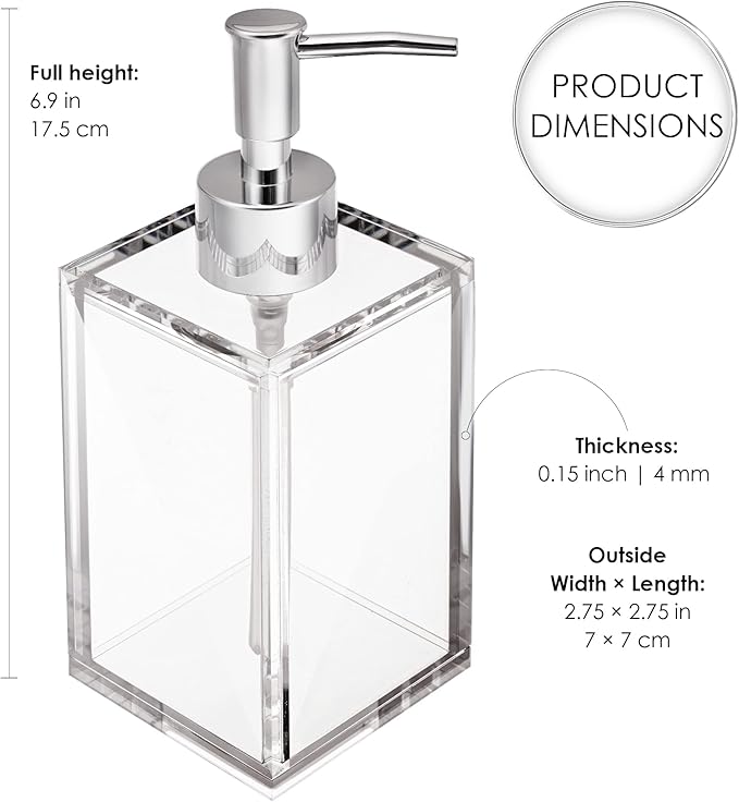 Clear Acrylic Reusable Kitchen & Bathroom Hand Sanitizer Dispenser with Rust Proof Stainless Steel Pump, Square Soap Dispenser Set | 12 oz, 2 Pack
