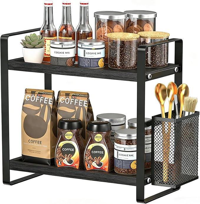 2-Tier Kitchen Storage and Organisation Rack with Side Baskets, Multifunctional Spice Rack Coffee Station Organizer for Kitchen, Coffee Bar, Bathroom, Office