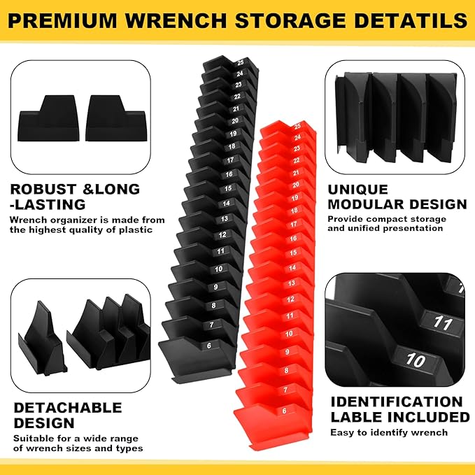 Chunful 100 Pcs Modular Wrench Organizer Holder Wrench Tool Organizers Storage Racks Set with Metric & SAE Label for Tool Box Drawer Storage for Father Brother Professional Mechanics Men (Black,Red)