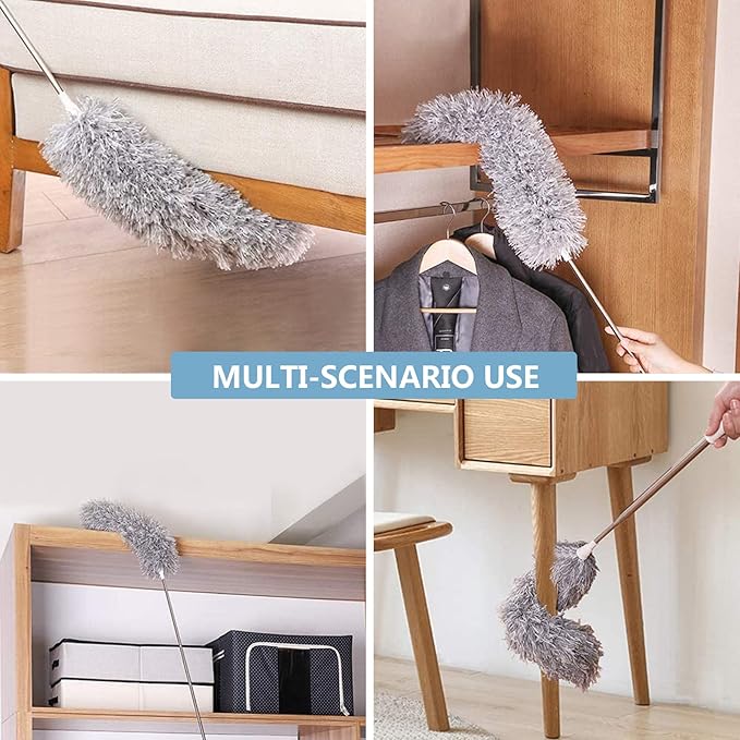 Microfiber Duster with Extension Pole(Stainless Steel) 30 to 100'', with Bendable Head, Extendable Long Duster for Cleaning Ceiling Fan, High Ceiling, Keyboard, Furniture Cars Gray