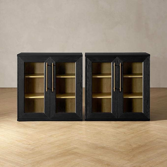 mopio Blake Storage Cabinet, Small Modular Accent Display Sideboard Buffet Cabinet with Storage, Media Console Credenza, for Kitchen, Coffee Bar, Pantry, Living Room (Black Oak Acrylic, Set of 2)