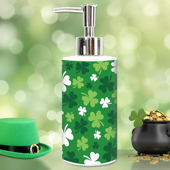 JarThenaAMCS St. Patrick's Day Soap Dispenser Glass Dispenser with Pump Refillable Green Shamrock Clover Liquid Soap Container for Irish Holiday Home Kitchen Bathroom Countertop