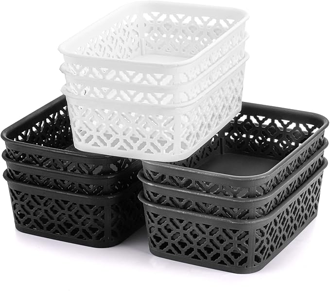 ZEAYEA 9 Pack Small Plastic Storage Basket, Classroom Organizer Baskets for Shelves Desk Drawer, Pantry Woven Basket Bins for Bedroom Closet Office School, 7.7" L x 5.5" W x 2.4" H