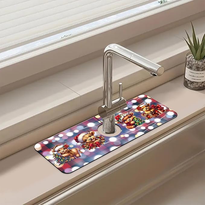 Chrismas Sink Splash Guard Faucet Mat Cute Christmas Absorbent Fast Drying Mat Sink Gadgets Splash Guard Behind Faucet Drip Catcher for Kitchen Bathroom 15.5"X5.5"
