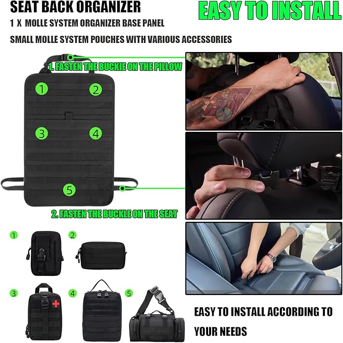 7 PACK Tactical Seat back organizer Truck organizer With 6 Detachable Pouches Universal For Car Truck Ford Jeep Military-Grade Heavier Panels With Multi-functional Packs (Army green)