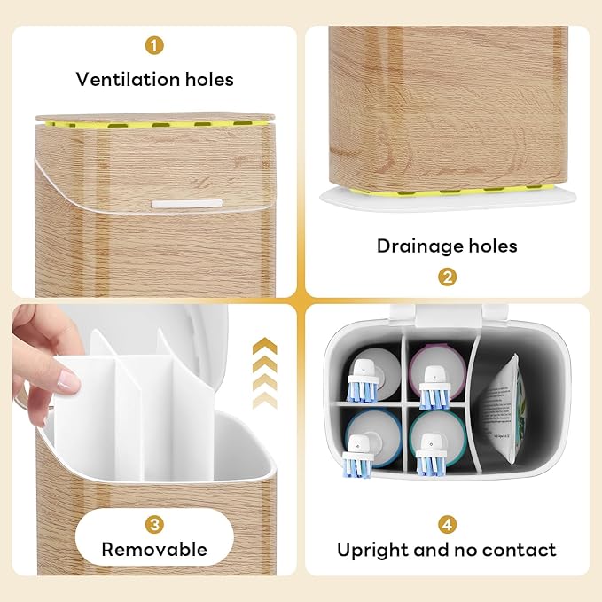 GFWARE Toothbrush Holders with Cover - Electric Toothbrush Length Less Than 9 inches, 5 Slots Tooth Brush Holder for Bathroom, Detachable Toothpaste Holder Bathroom Organizers with Drainage, Wood