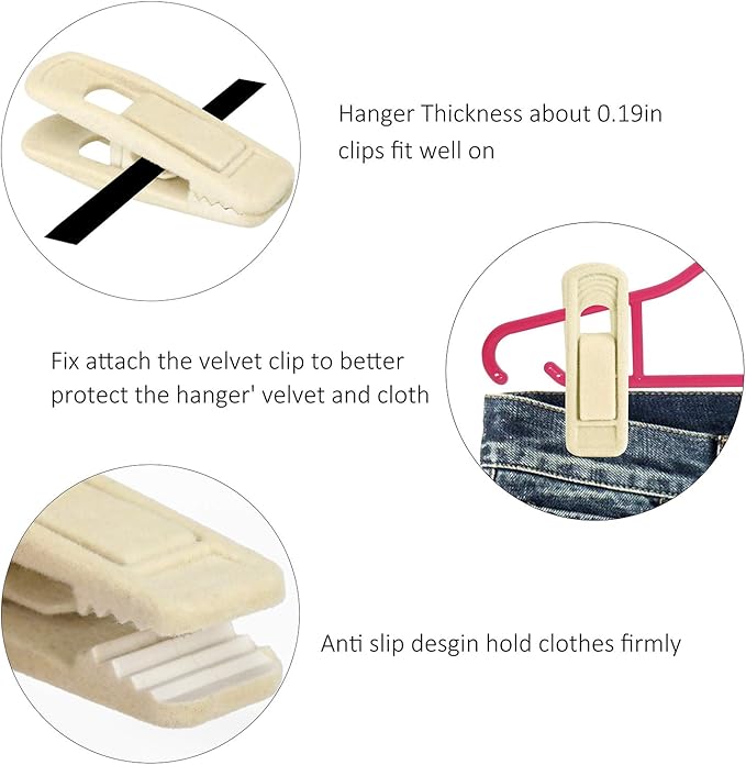 Tinfol Beige Velvet Hanger Clips 50Pack, Pants Velvet Clips, Large Opening Clip Clothes Pin, Strong Finger Flocked Clip Perfect for Slim-line Clothes Hangers
