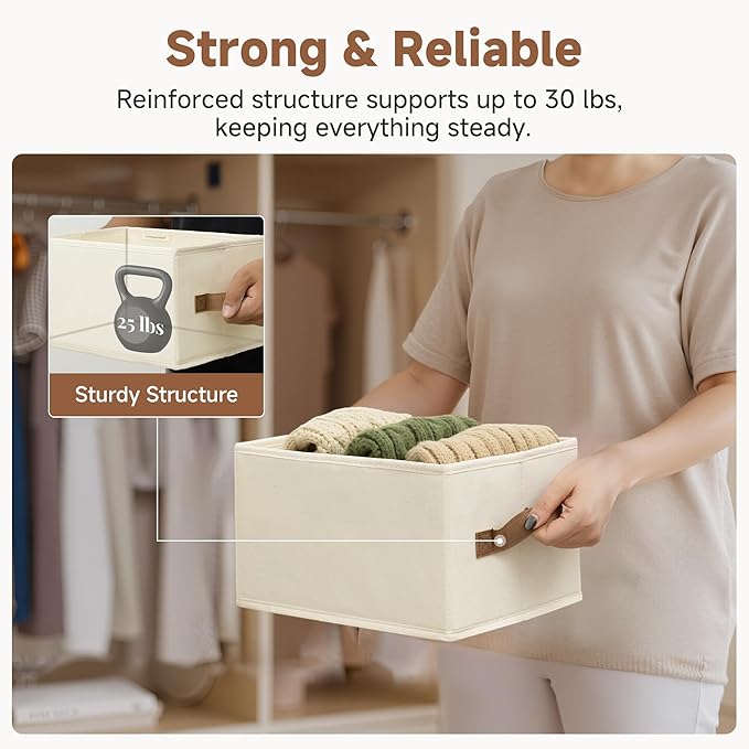 StorageWorks Closet Organizer Storage Baskets, Storage Bins for Shelves, Fabric Organization and Storage, Foldable Closet Organizer for Clothes, Ivory White, 3-Pack, Small