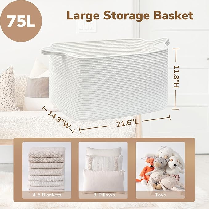 Goodpick Large Blanket Basket Living Room, Storage Baskets for Organizing, Woven Rope Laundry Basket for Toy Storage, 21.6" x 14.9" x 11.8", White