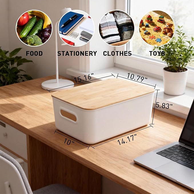 Citylife 2 PCS Storage Bins with Bamboo Lids Plastic Storage Containers for Organizing Stackable Storage Box with Handle, 15.12 x 10.67 x 5.98 inch
