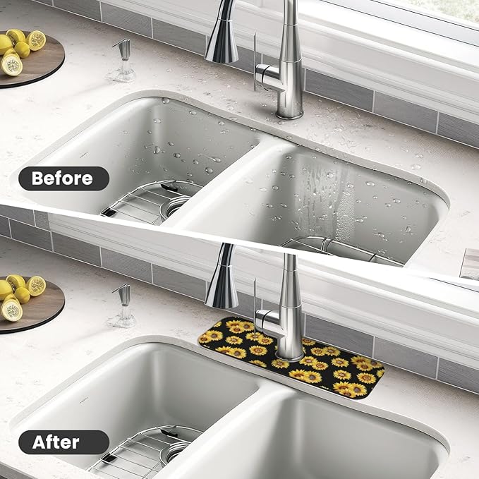 Faucet Draining Mat For Kitchen Sink, Sunflower Flower Black Diatom Mud Absorbent Drain Pad For Bathroom Kitchen Sink Splash Guard Drying Mat