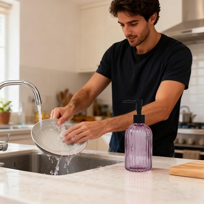 Black Pump Glass Soap Dispenser, 13.5oz Purple Stripe Countertop Refillable Liquid Bottle Hand Dish Lotion Dispenser with Plastic Pump, for Kitchen, Bathroom Countertop
